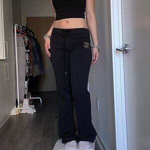 Eekored Low-waist Embroidery Fleece Lined Black Track Pants Bootcut